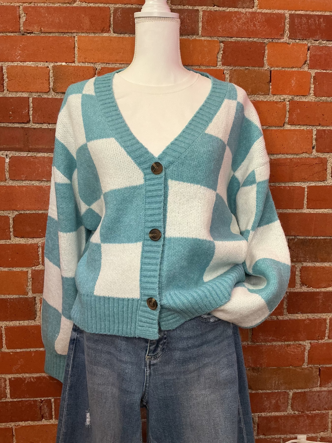 Checkered Button Front Cardigan Sweater